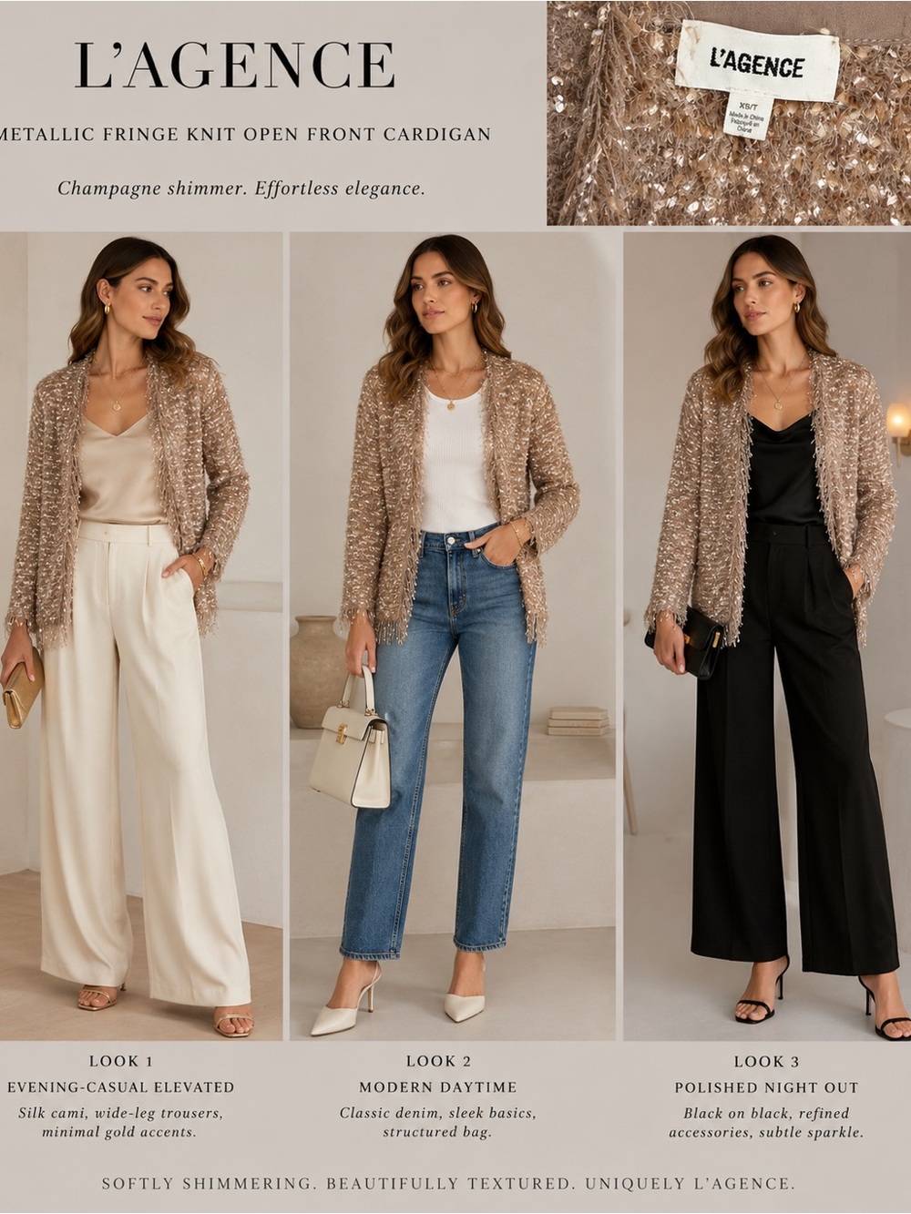 L’AGENCE Metallic Fringe Knit Open Front Cardigan | XS